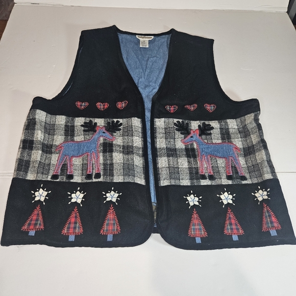 Womens Plaid Embroidered Wool Sweater Vest Sz XL Winter Holiday Reindeer Granny - Picture 13 of 13